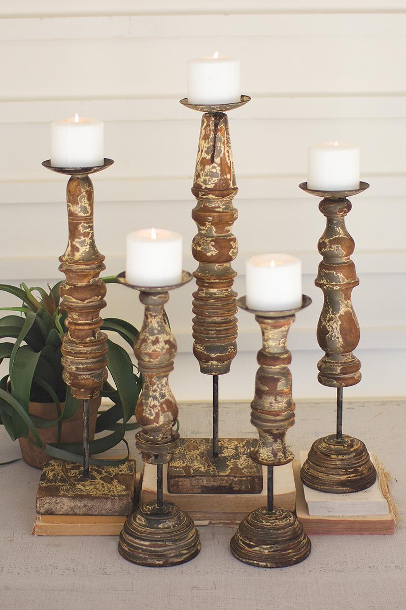 SET OF FIVE REPURPOSED WOODEN FINIAL CANDLE STANDS