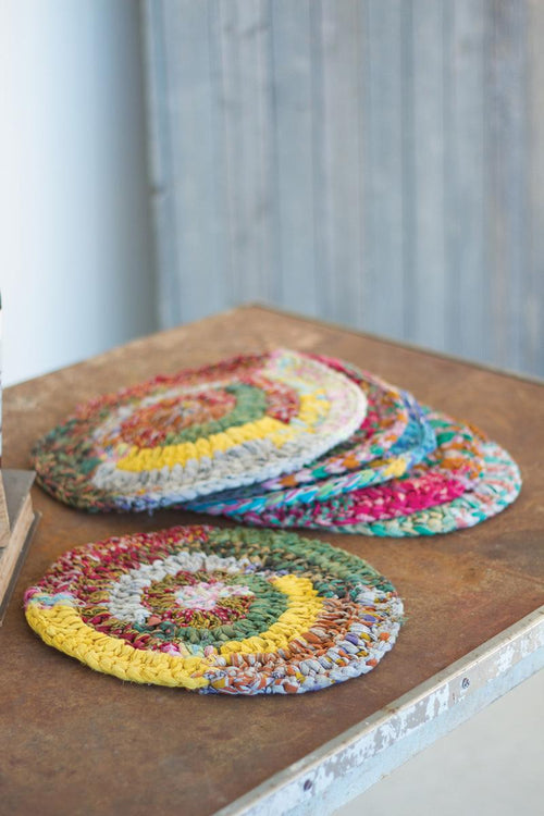 SET OF SIX ROUND KNITTED KANTHA PLACEMATS