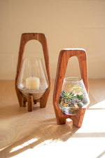 OVAL WOOD AND GLASS LANTERN - 13 IN TALL