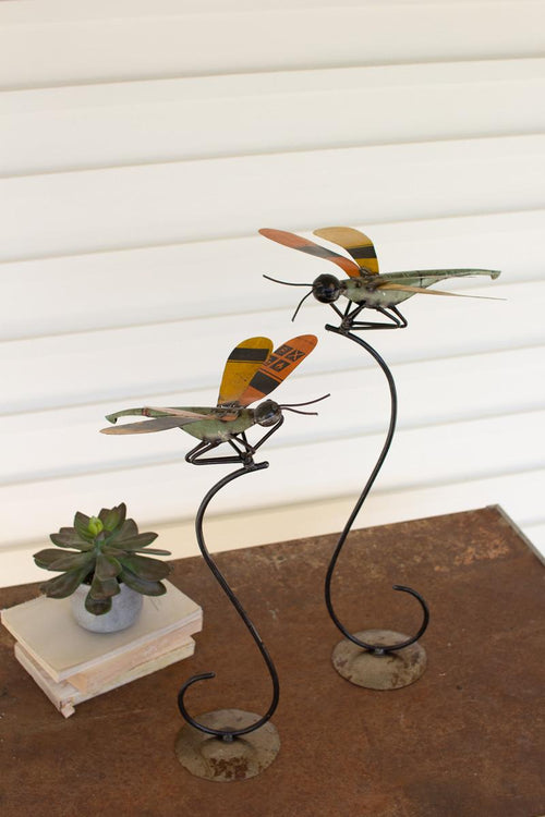SET OF TWO RECYCLED METAL DRAGONFLIES ON STANDS