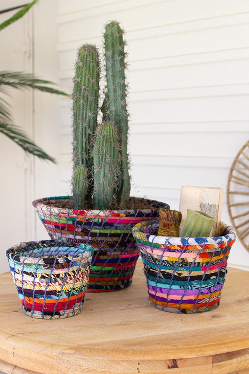 SET OF THREE MULTI COLOR COILED KANTHA BOWLS
