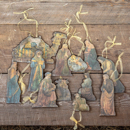 Antique Wood Nativity Ornament Set of 12