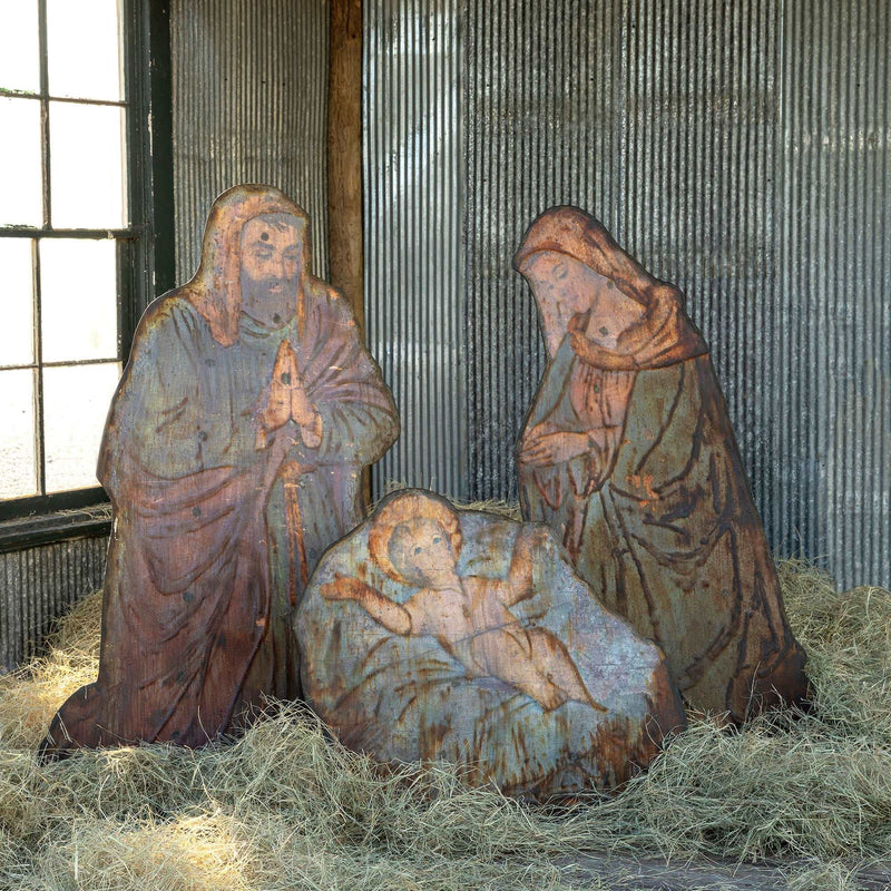 Antique Metal Nativity Set Of 3, Display/Outdoor