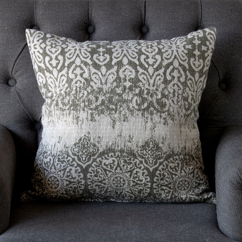 Vintage Printed Linen Pillow, Soft Gray