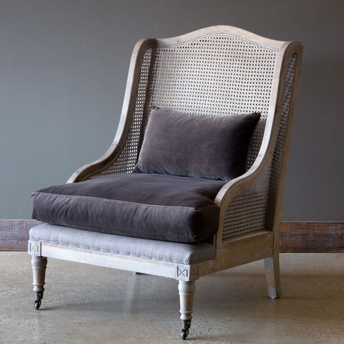 Cane Back Wing Chair With Velvet Cushion