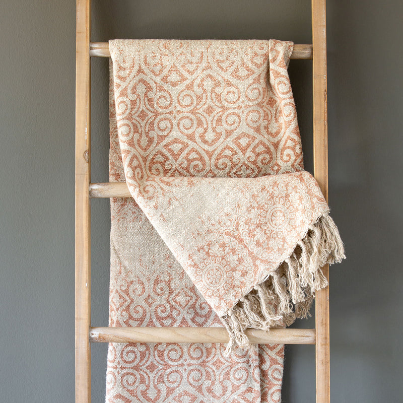 Vintage Printed Linen Throw, Faded Coral