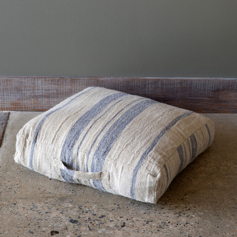 Linen Floor Cushion With Handle, Natural/Blue Set of 2