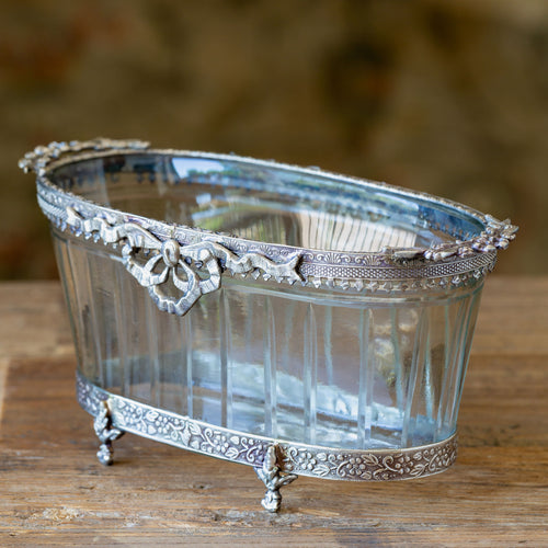 Cut Glass Oval Bowl with Metal Embellishment